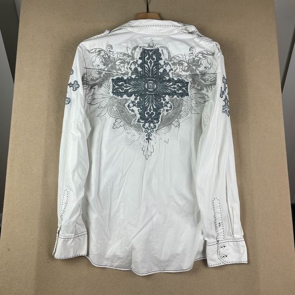 Roar Shirt Mens Extra Large White Embroidered Buckle Wings Crosses Long Sleeve - Picture 14 of 16